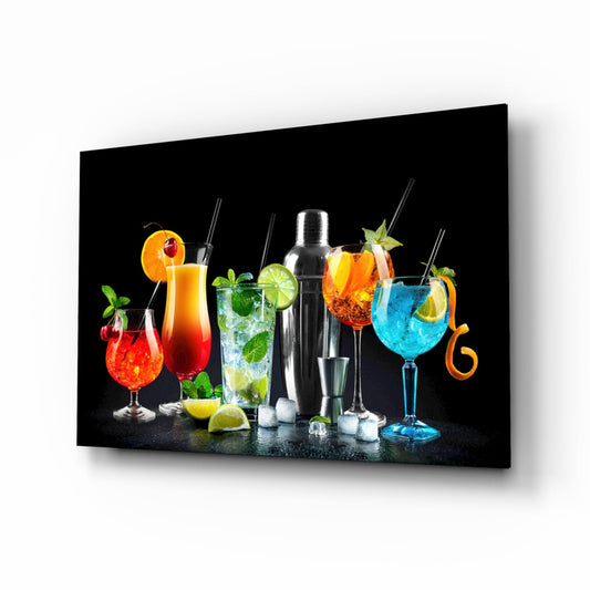 Six colorful cocktails with a steel shaker, citrus and ice on a black bar top, printed on tempered glass and shown on white