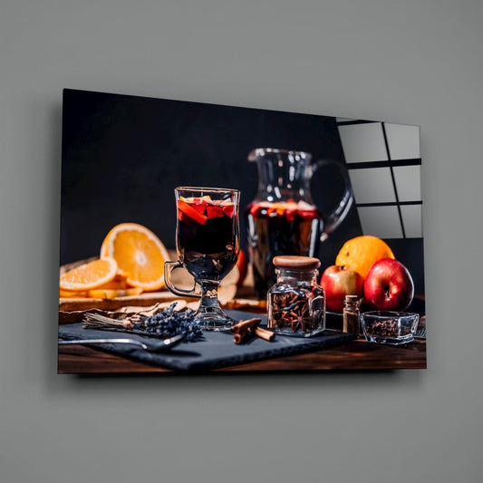 Spiced winter punch still life glass wall art angled against a soft gray backdrop