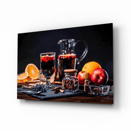 Spiced Winter Punch and Citrus Still Life glass wall art shown on a plain white background