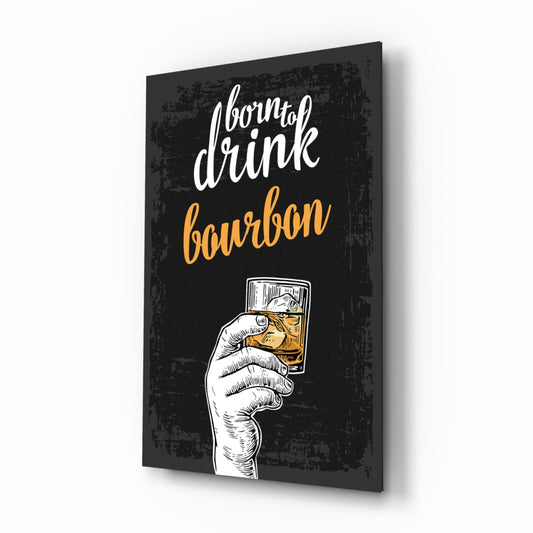 Retro script typography with an engraved hand holding a rocks glass of bourbon on distressed black, printed on glass