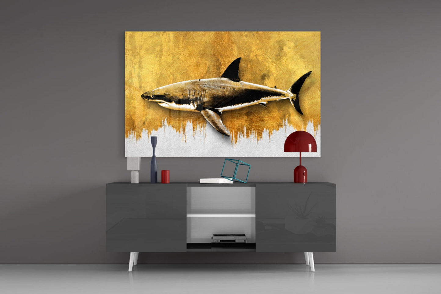 Gold Brushstroke Shark Glass Wall Art