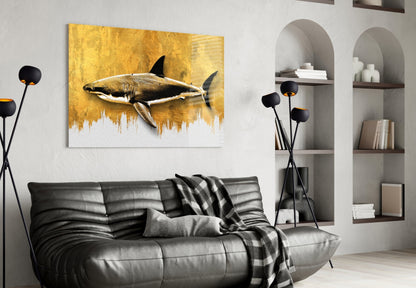 Gold Brushstroke Shark Glass Wall Art