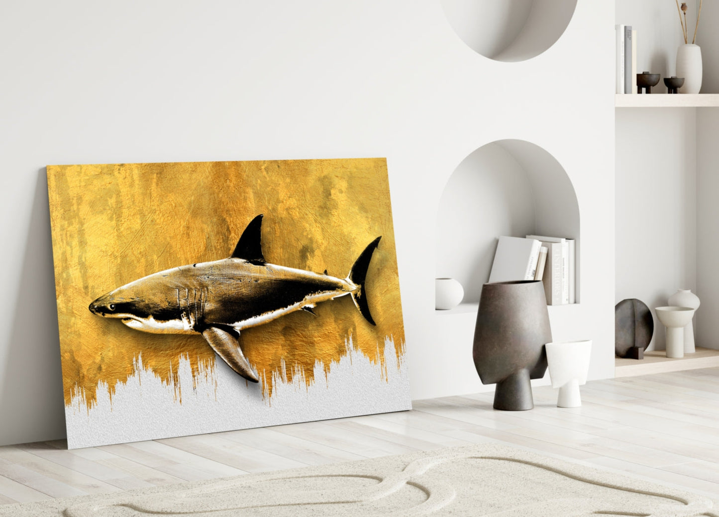 Gold Brushstroke Shark Glass Wall Art