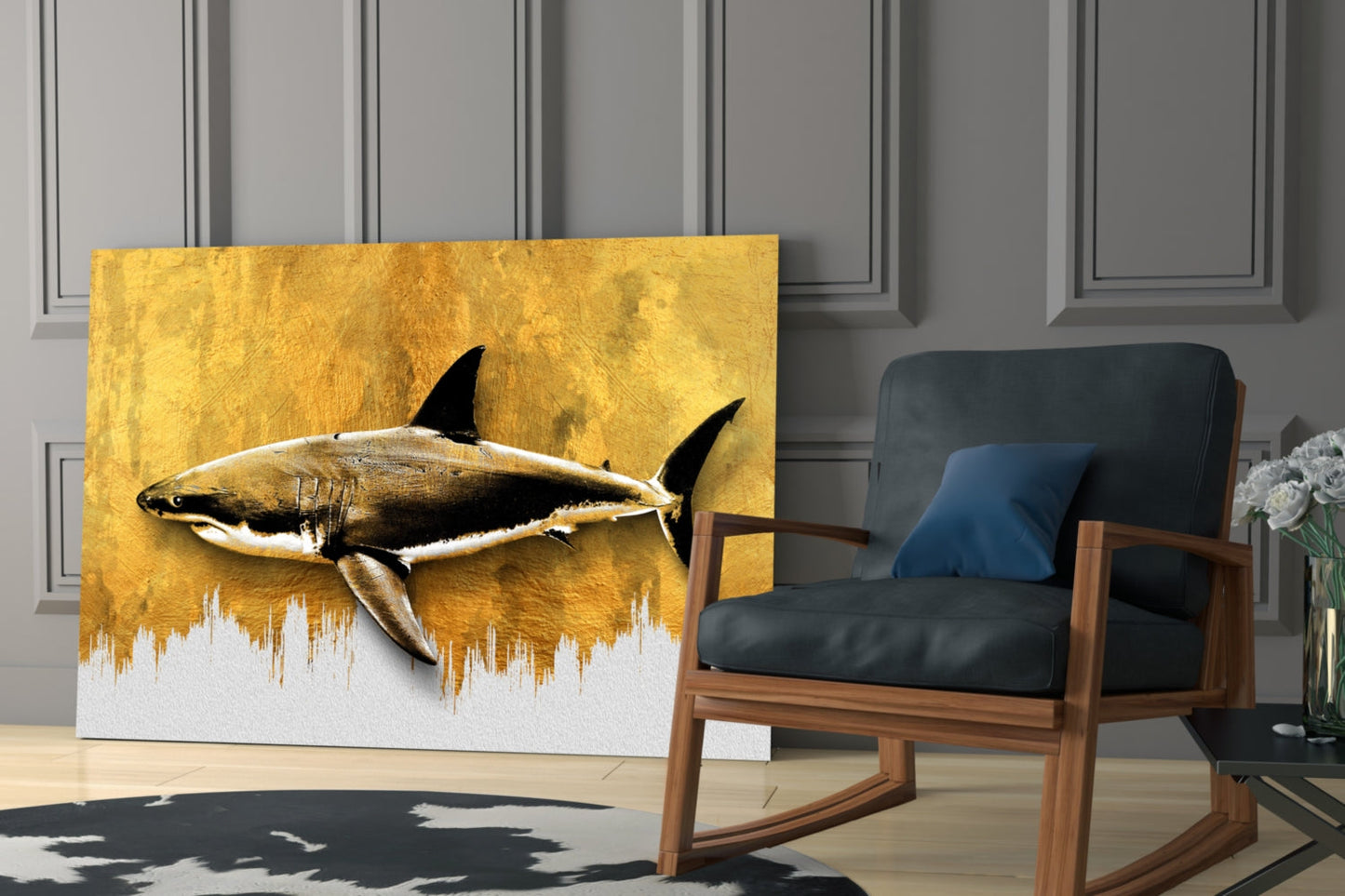 Gold Brushstroke Shark Glass Wall Art