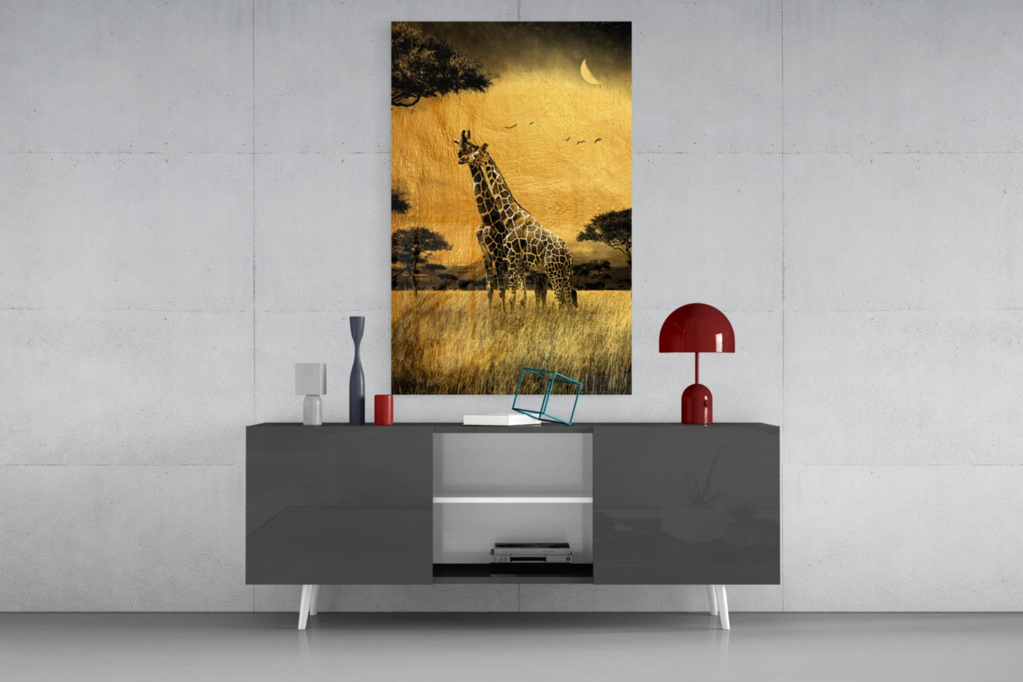 Golden Grassland Giraffe Pair Glass Wall Art