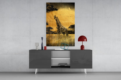 Golden Grassland Giraffe Pair Glass Wall Art