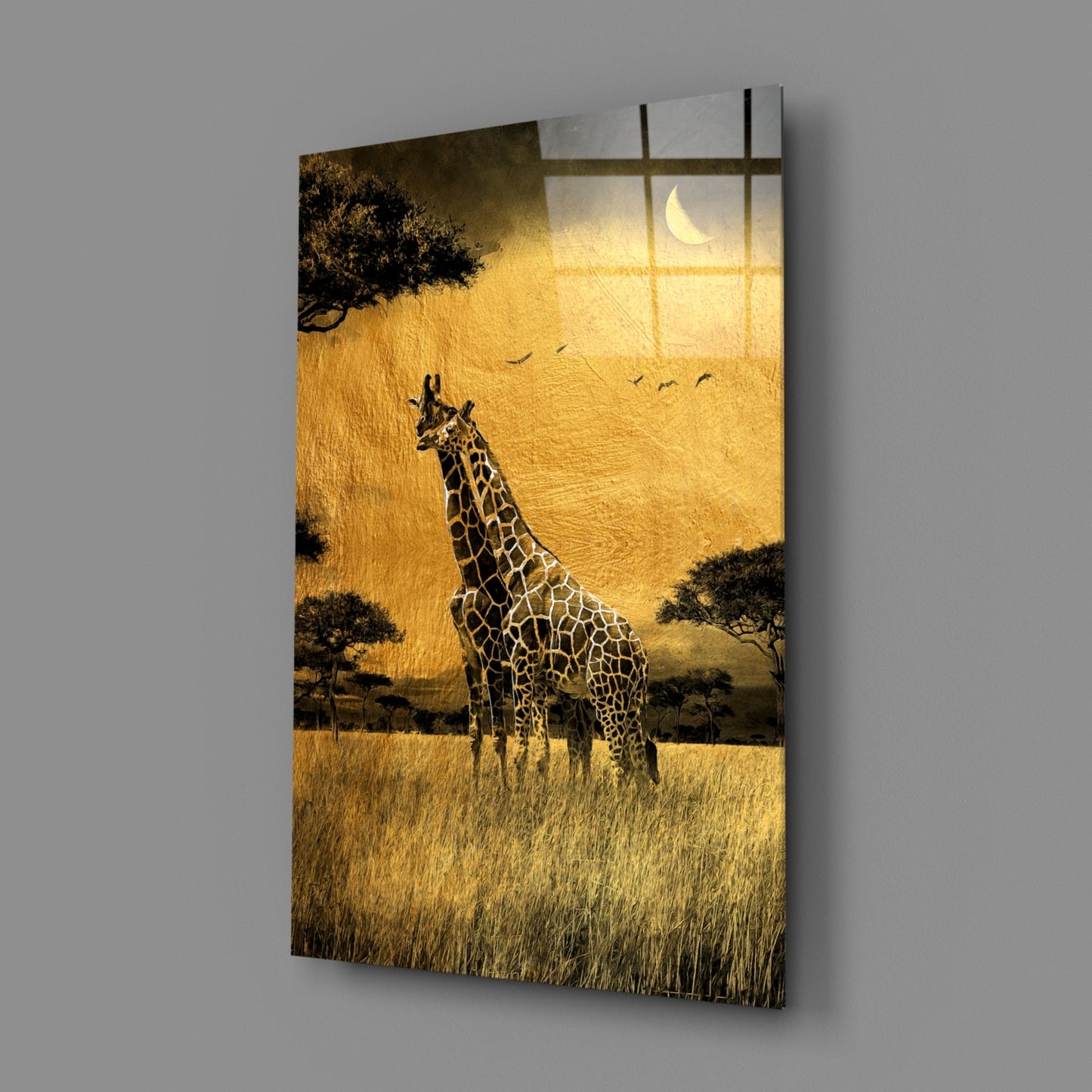 Golden Grassland Giraffe Pair Glass Wall Art