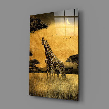 Golden Grassland Giraffe Pair Glass Wall Art