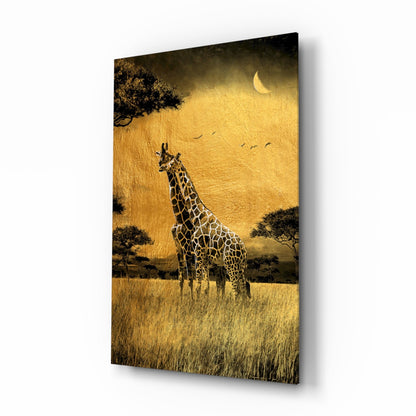 Golden Grassland Giraffe Pair Glass Wall Art