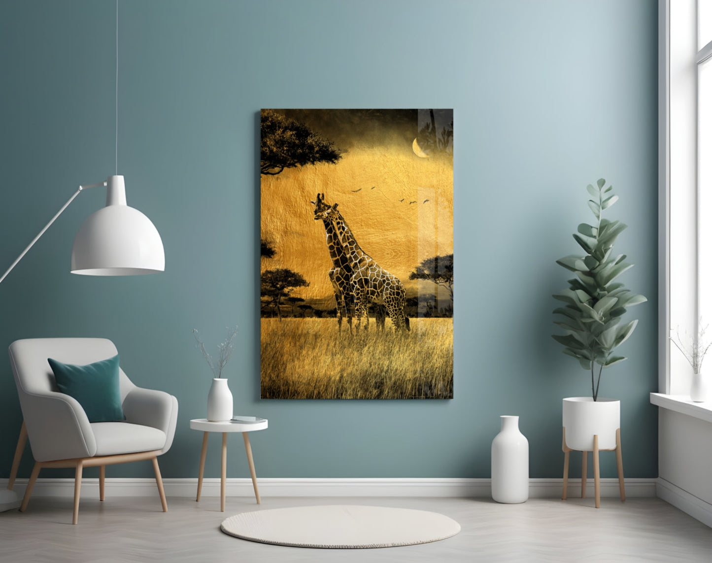 Golden Grassland Giraffe Pair Glass Wall Art