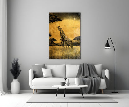Golden Grassland Giraffe Pair Glass Wall Art