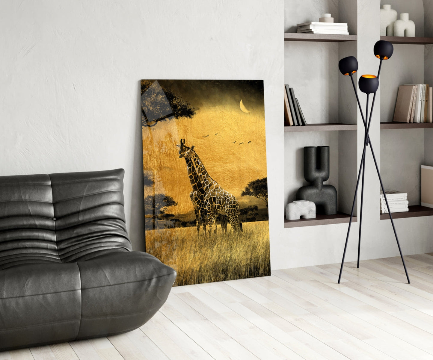 Golden Grassland Giraffe Pair Glass Wall Art
