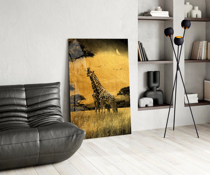 Golden Grassland Giraffe Pair Glass Wall Art