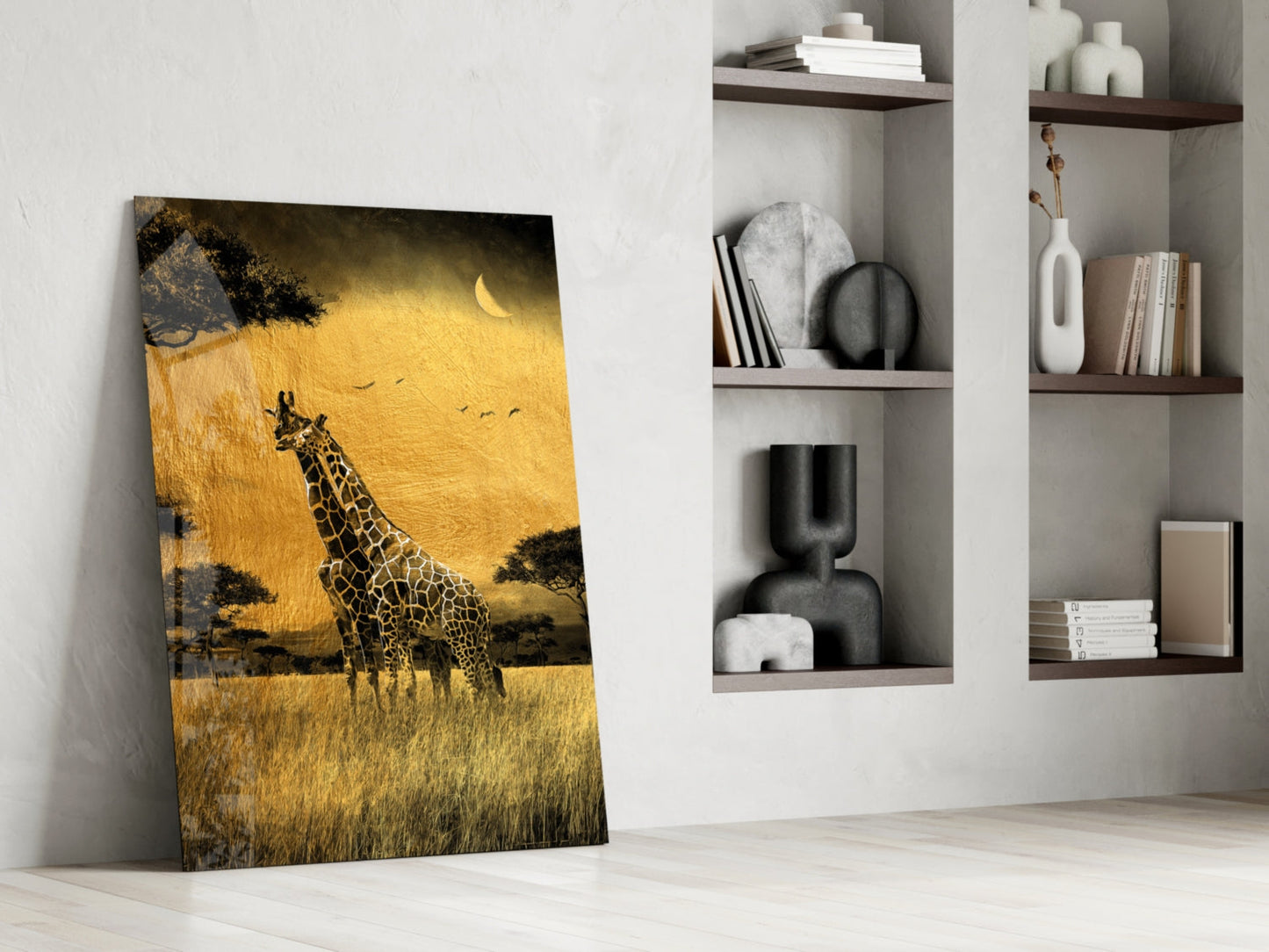 Golden Grassland Giraffe Pair Glass Wall Art