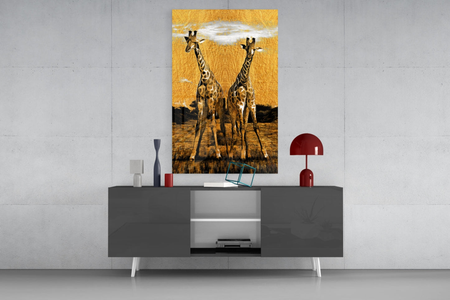Two Giraffes Golden Safari Glass Wall Art