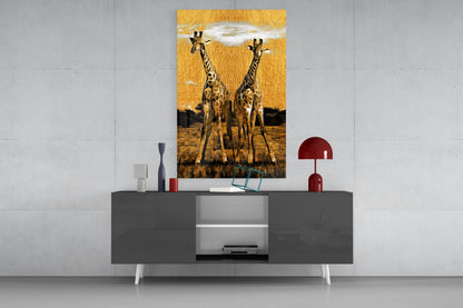 Two Giraffes Golden Safari Glass Wall Art