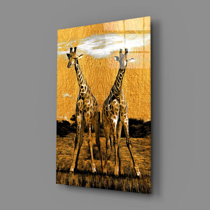 Two Giraffes Golden Safari Glass Wall Art
