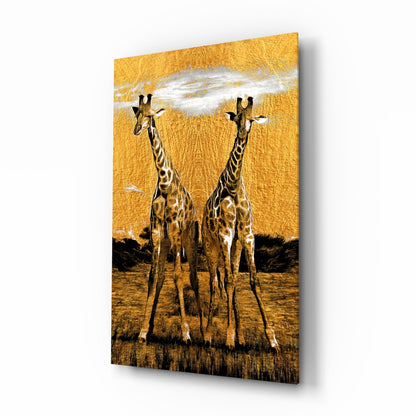 Two Giraffes Golden Safari Glass Wall Art