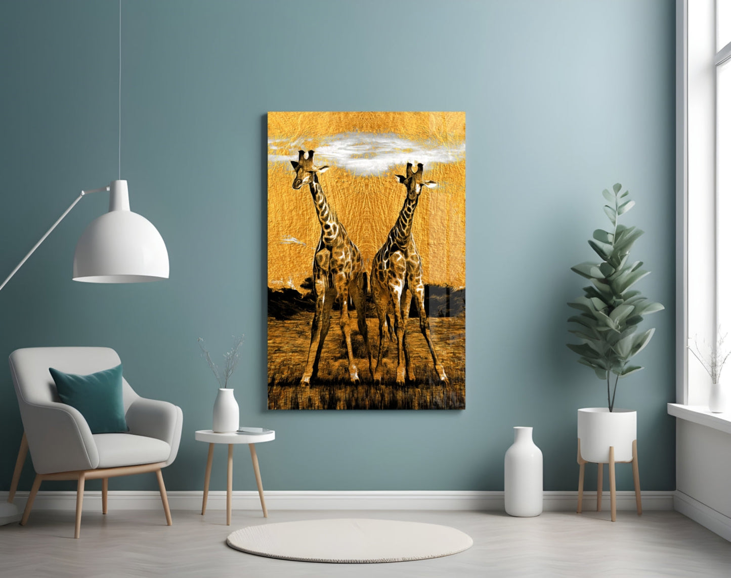 Two Giraffes Golden Safari Glass Wall Art