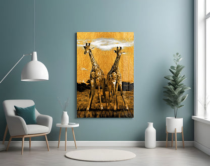 Two Giraffes Golden Safari Glass Wall Art