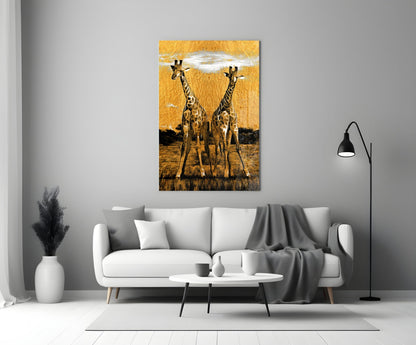 Two Giraffes Golden Safari Glass Wall Art