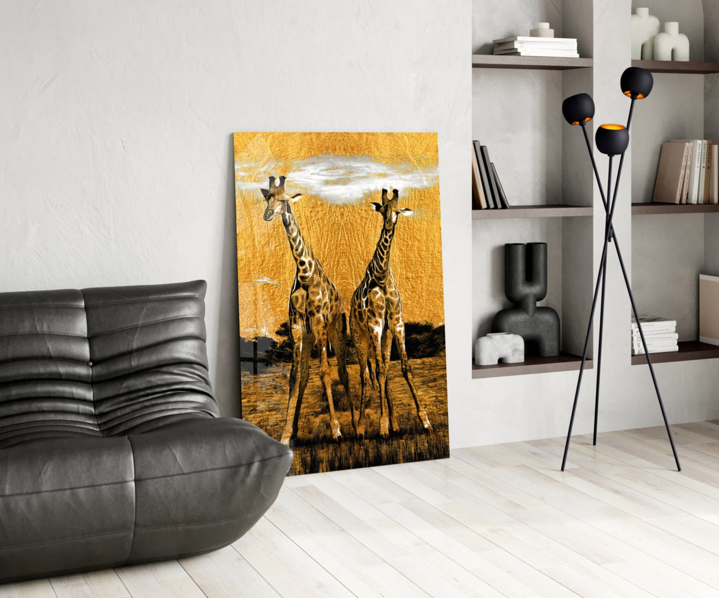Two Giraffes Golden Safari Glass Wall Art