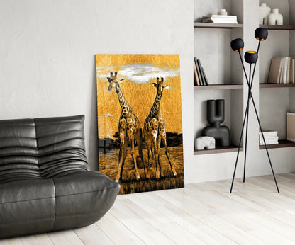 Two Giraffes Golden Safari Glass Wall Art