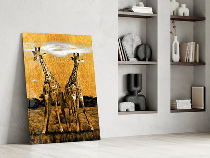 Two Giraffes Golden Safari Glass Wall Art