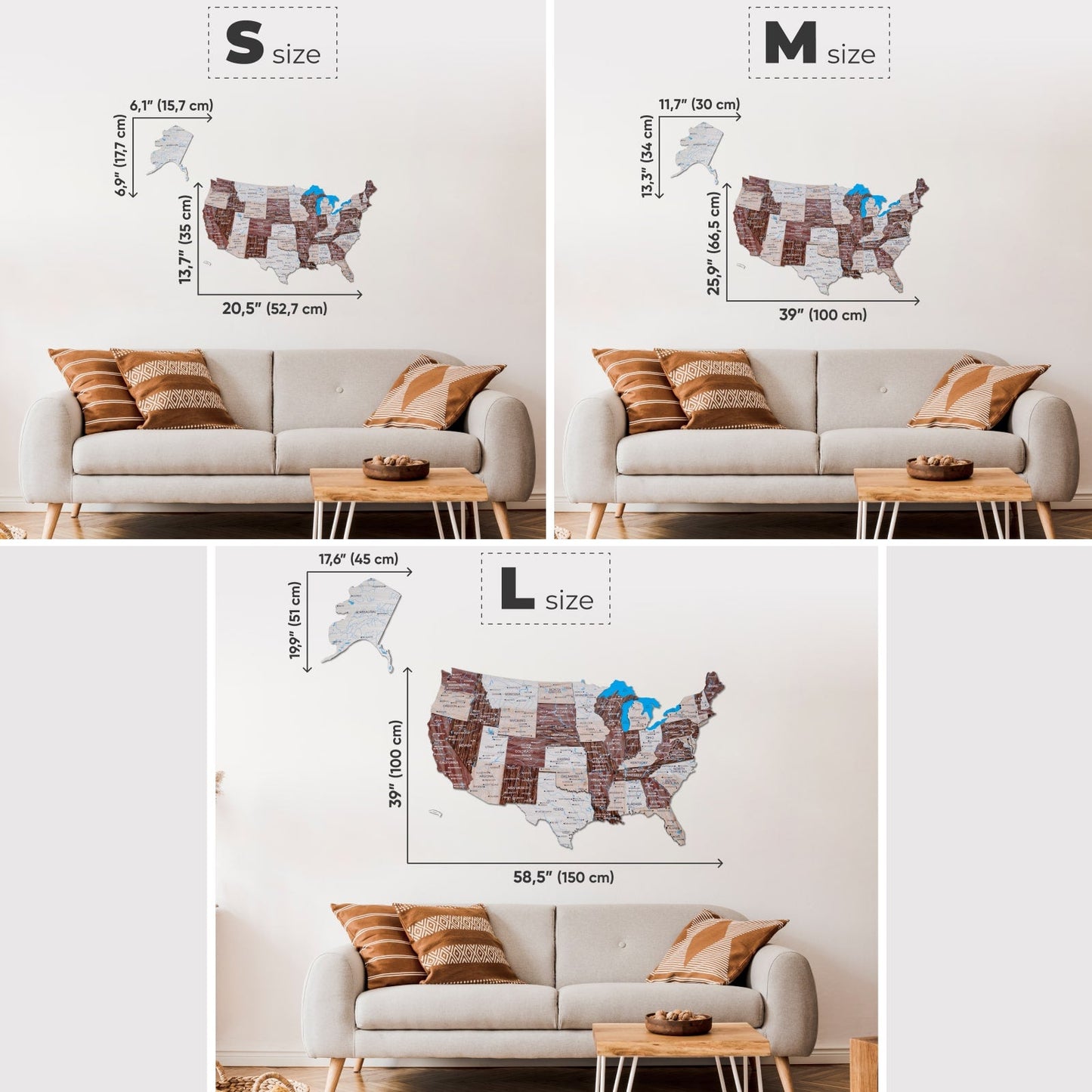 Wood 3D USA Map Wall Art - Cappuccino