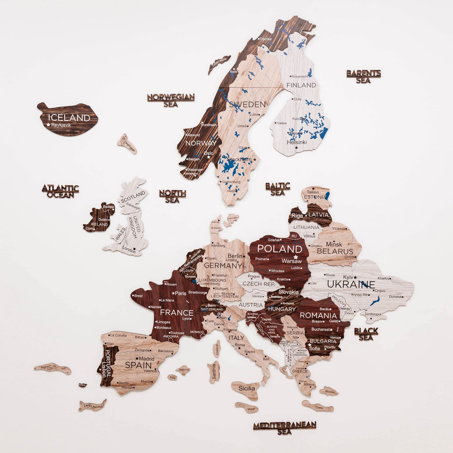 3D Wooden Europe Map Wall Art - Cappuccino