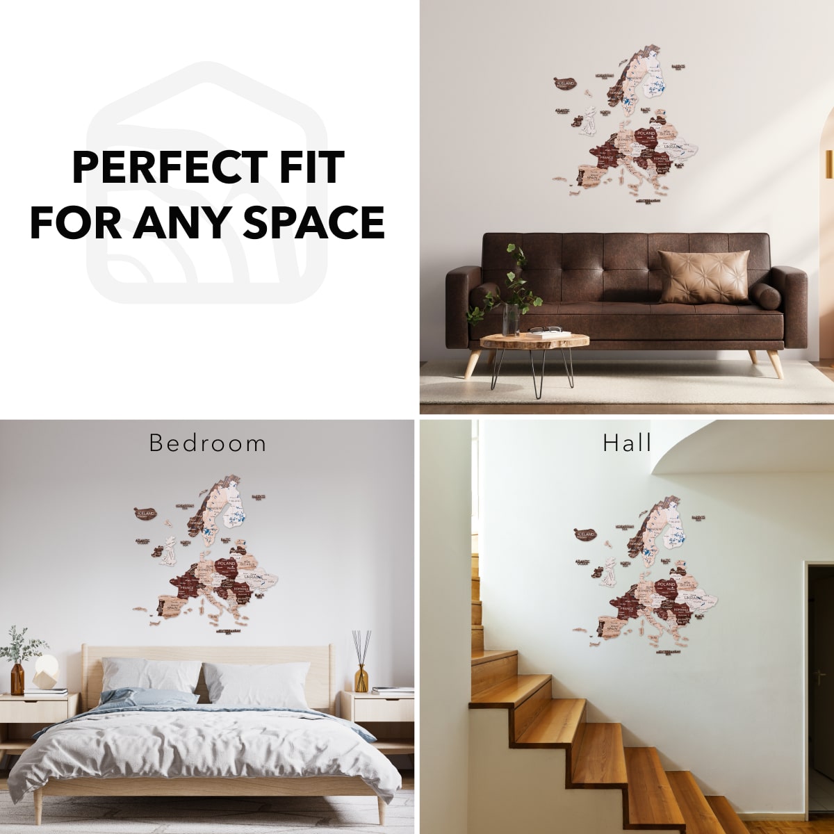 3D Wooden Europe Map Wall Art - Cappuccino
