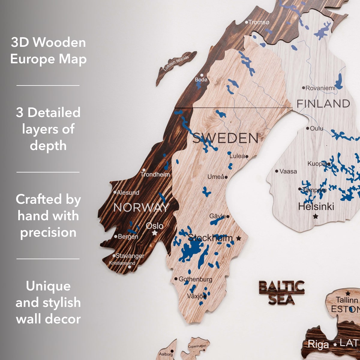 3D Wooden Europe Map Wall Art - Cappuccino