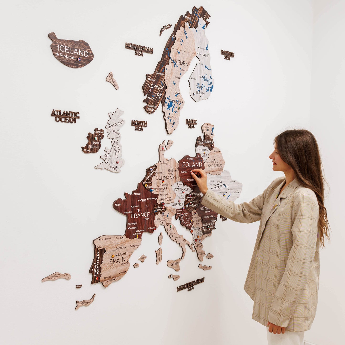 3D Wooden Europe Map Wall Art - Cappuccino