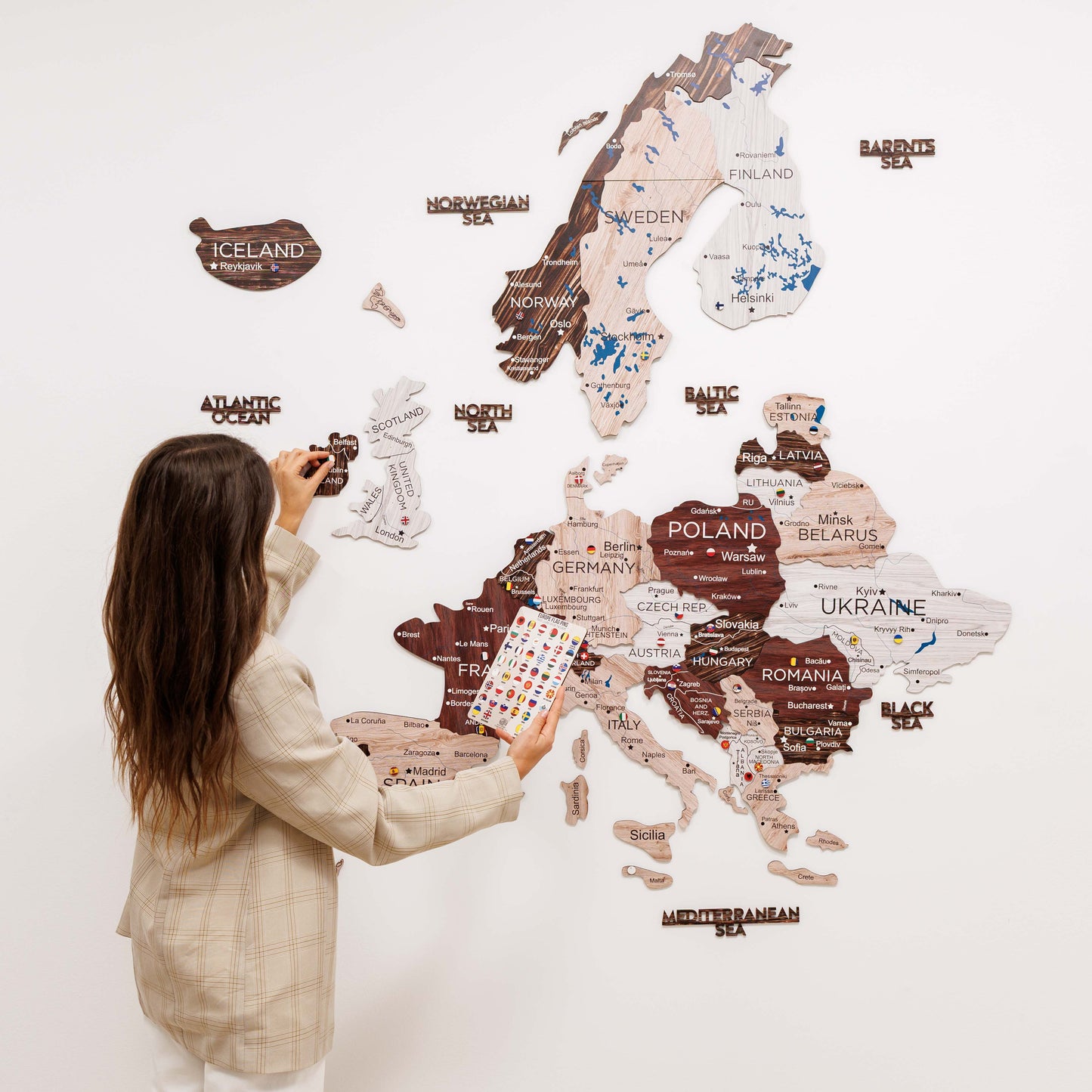3D Wooden Europe Map Wall Art - Cappuccino