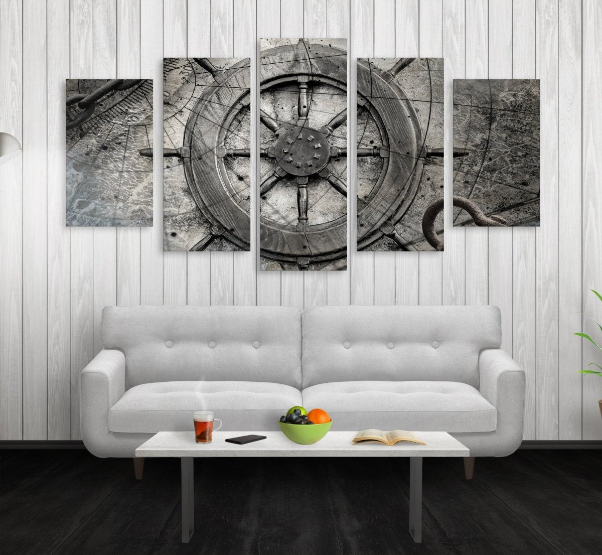 Captain's ship wheel nautical 5-panel canvas wall art set
