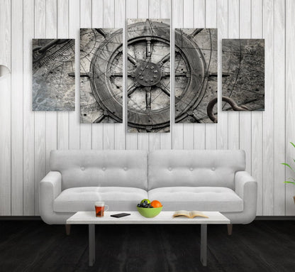 Captain's ship wheel nautical 5-panel canvas wall art set