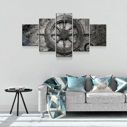 Captain Ships Wheel Nautical Canvas Wall Art Set