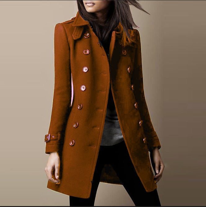 caramel brown long button coat for women