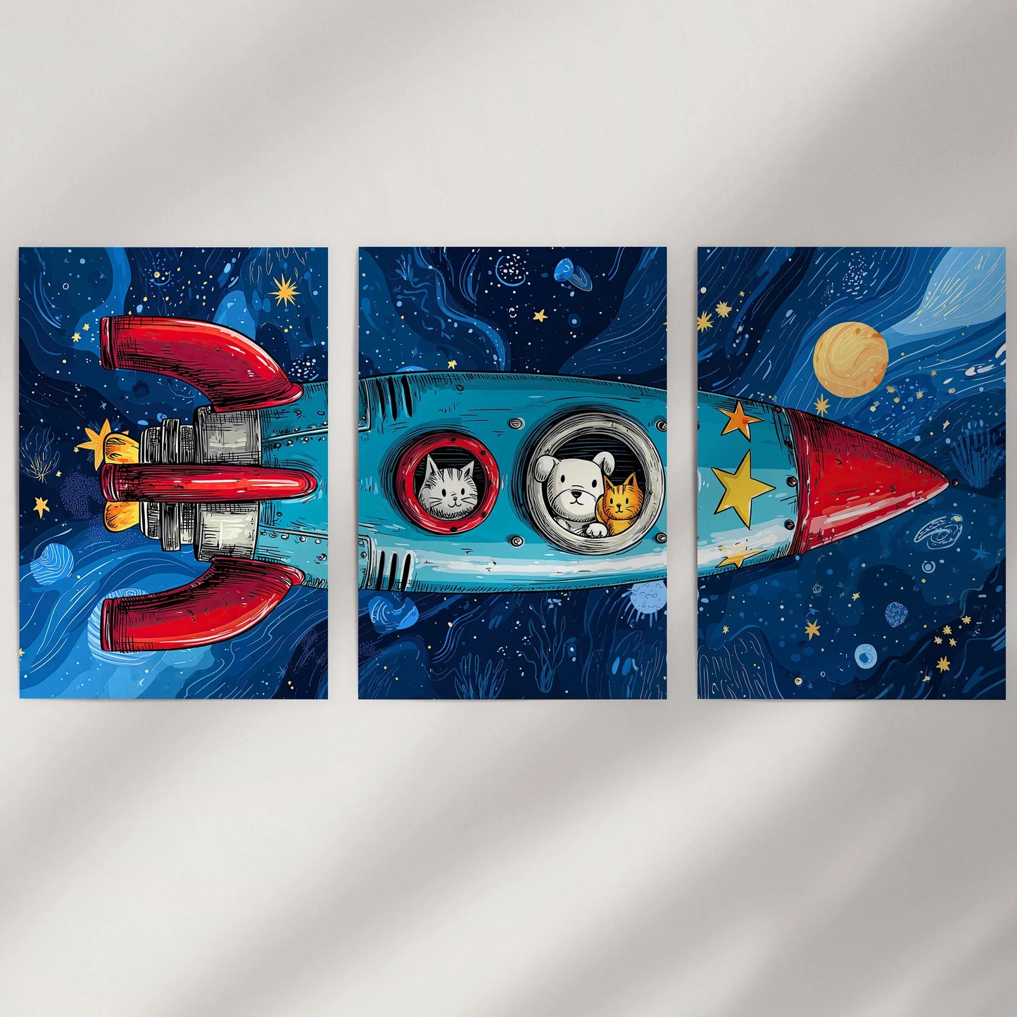 Outer Space Wall Art Set of 3 Rocket and Stars Nursery Prints