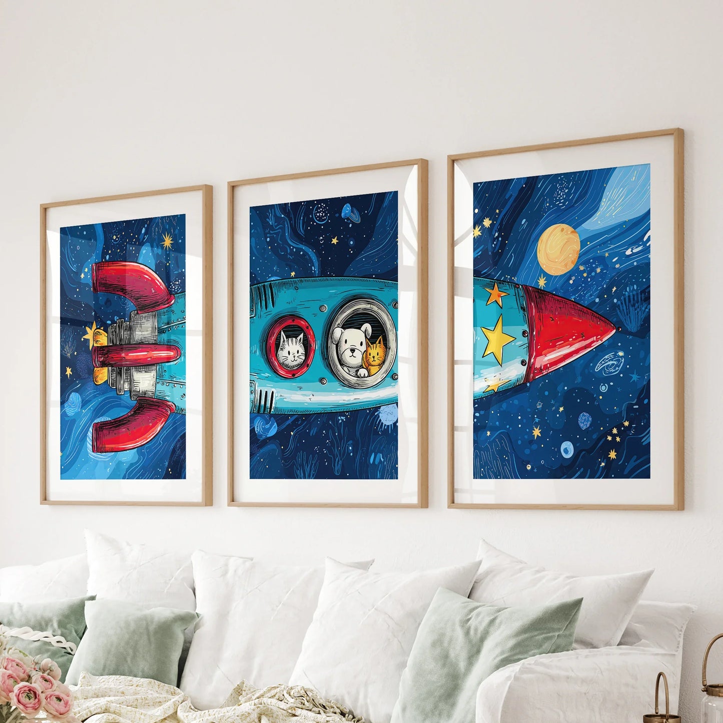 Outer Space Wall Art Set of 3 Rocket and Stars Nursery Prints