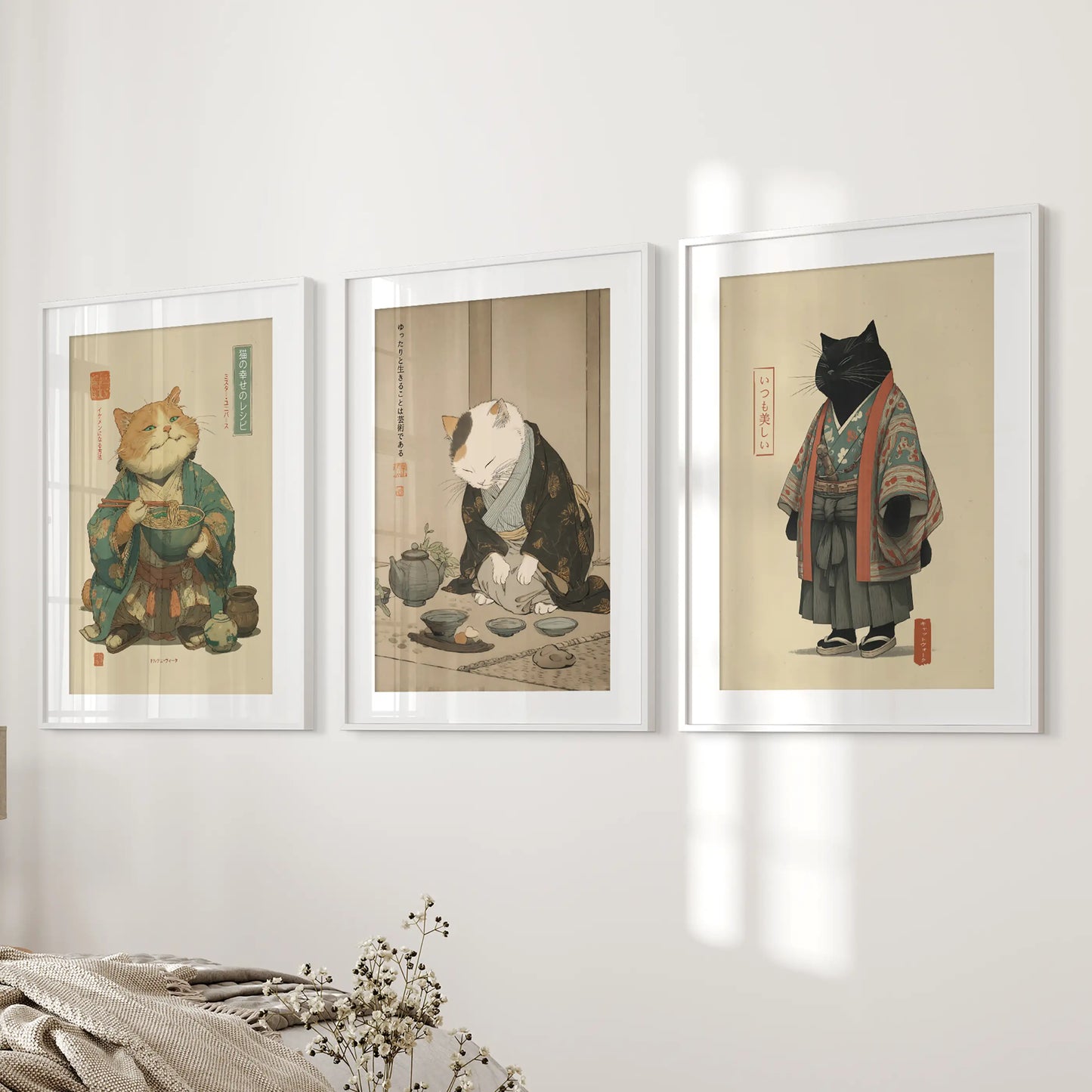 Japanese Ukiyo-e Cat Wall Art, Tea Ceremony Set of 3