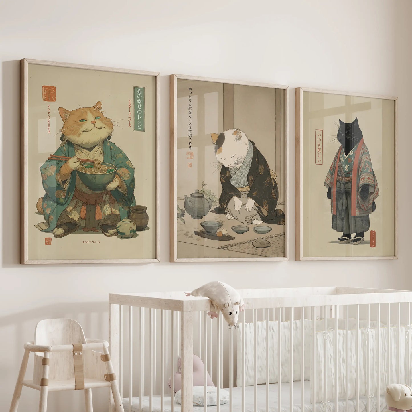 Japanese Ukiyo-e Cat Wall Art, Tea Ceremony Set of 3