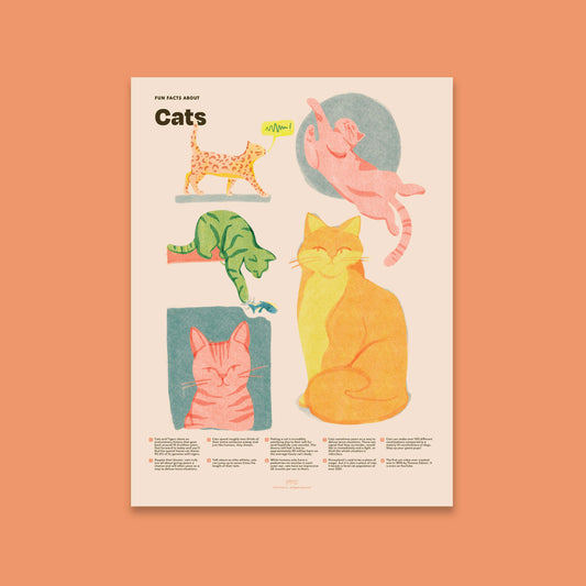 Cat fun facts illustrated art print with feline facts