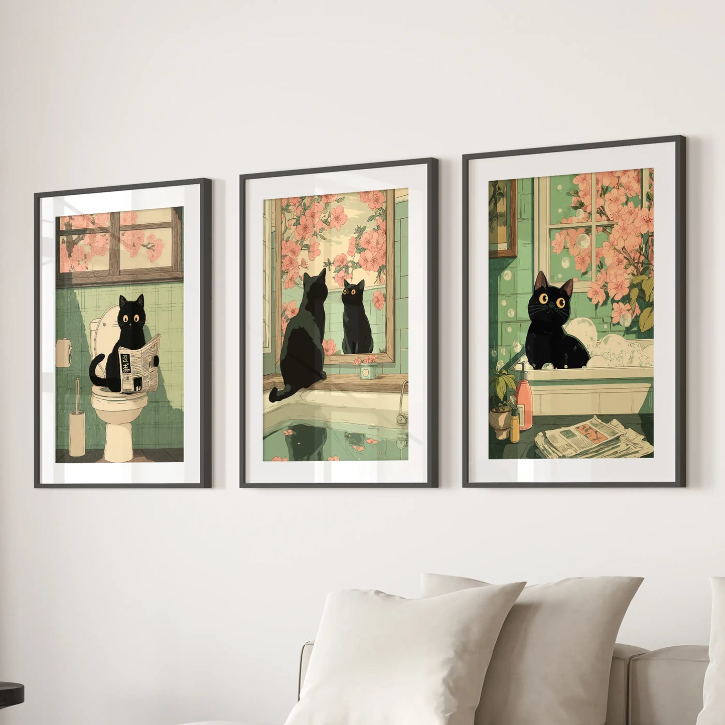 Funny Japanese Cat Bathroom Wall Art Set of 3