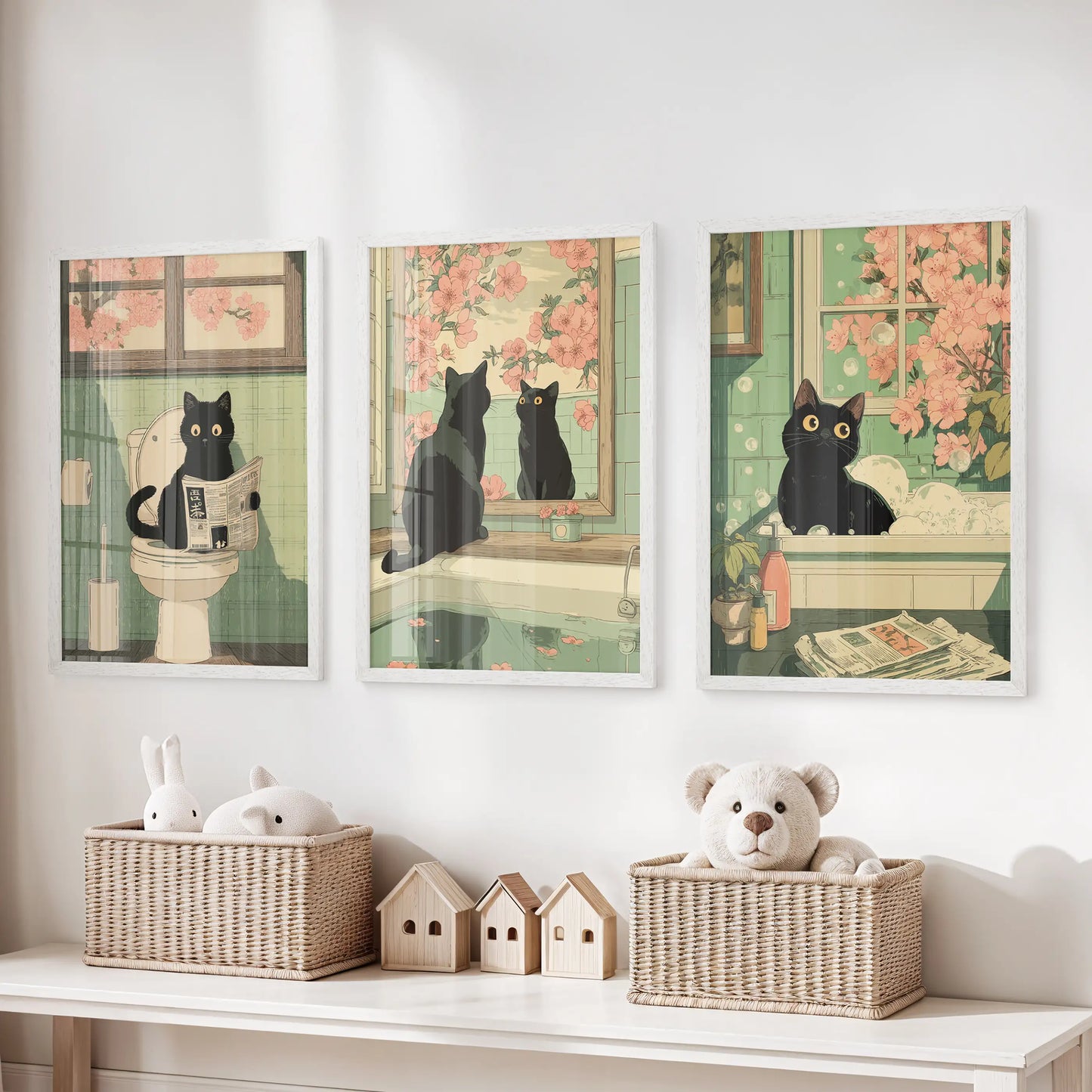 Funny Japanese Cat Bathroom Wall Art Set of 3