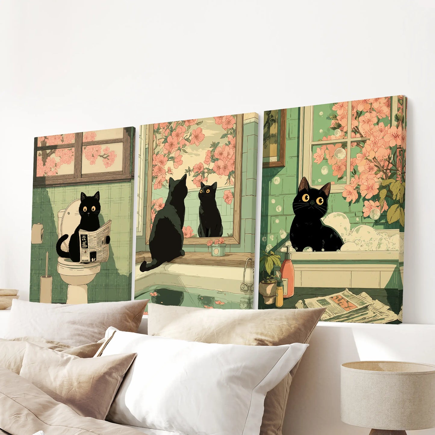 Funny Japanese Cat Bathroom Wall Art Set of 3