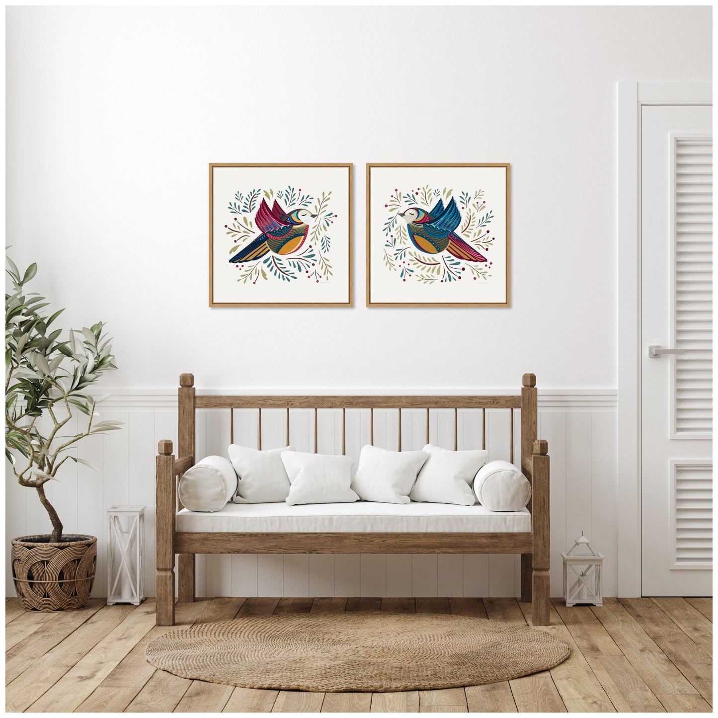 Peace Birds Red and Blue Framed Canvas Art Set