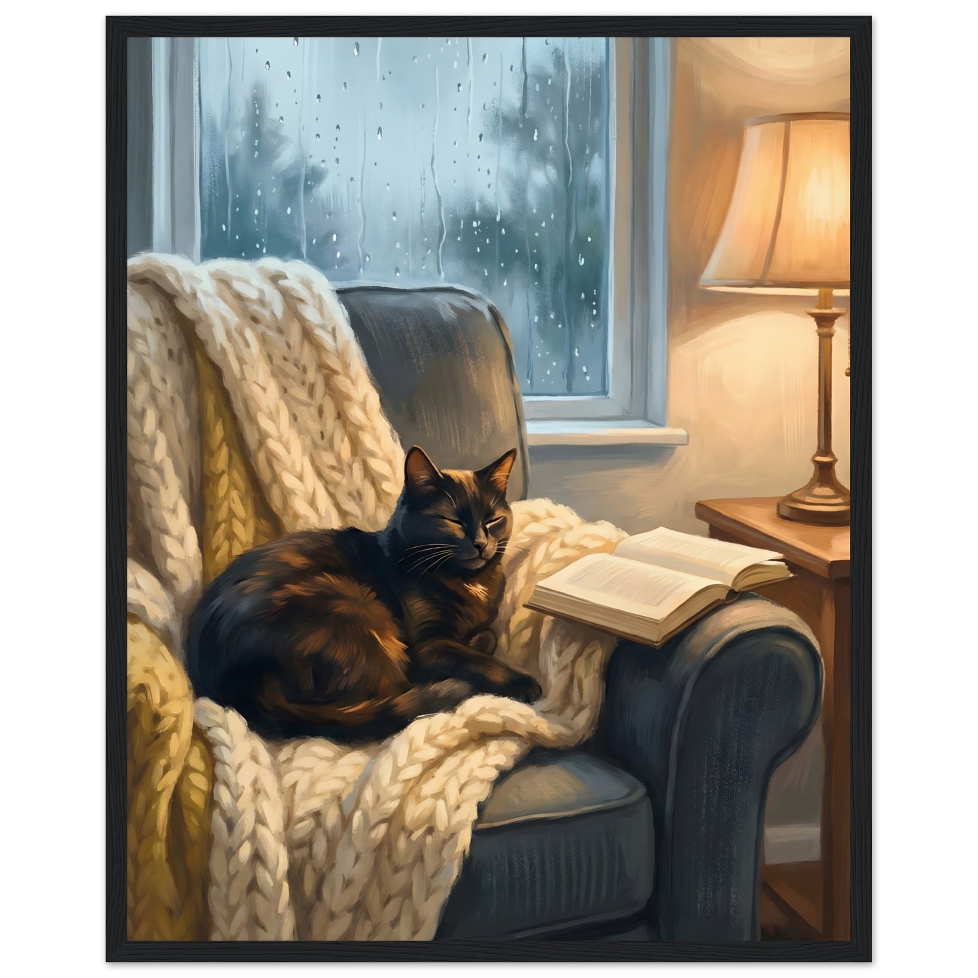 Cozy Cat Reading Poster - The Finishing Touch Your Reading Nook Needs - 40x50 cm / 16x20″ - Black frame / Ready-to-hang - Sparkycare