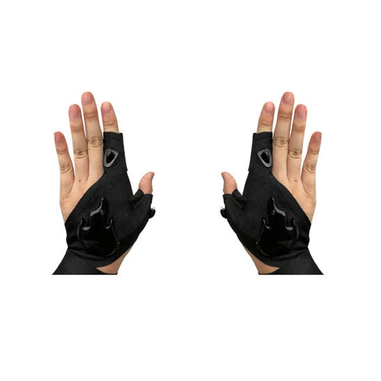 Black flashlight gloves with fingerless design on a white background