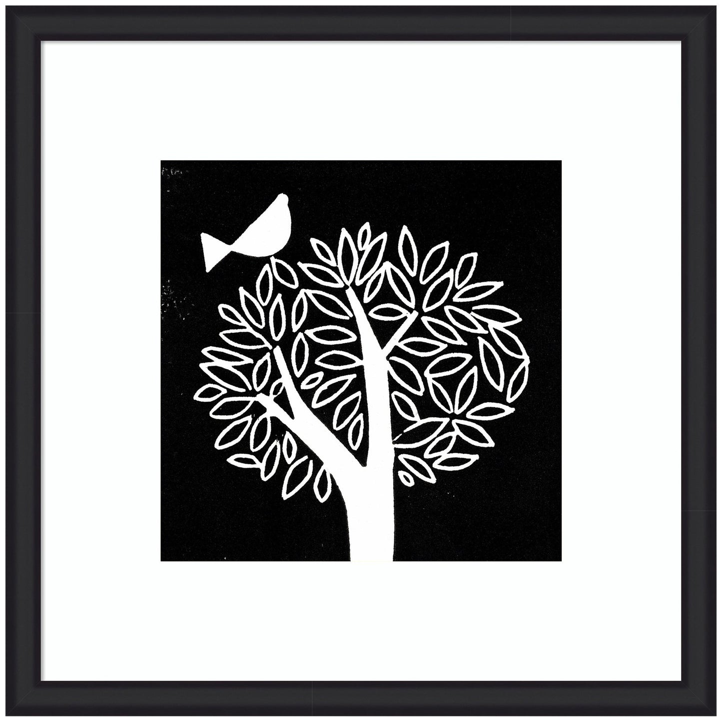 Black and white bird tree linocut framed wall art print